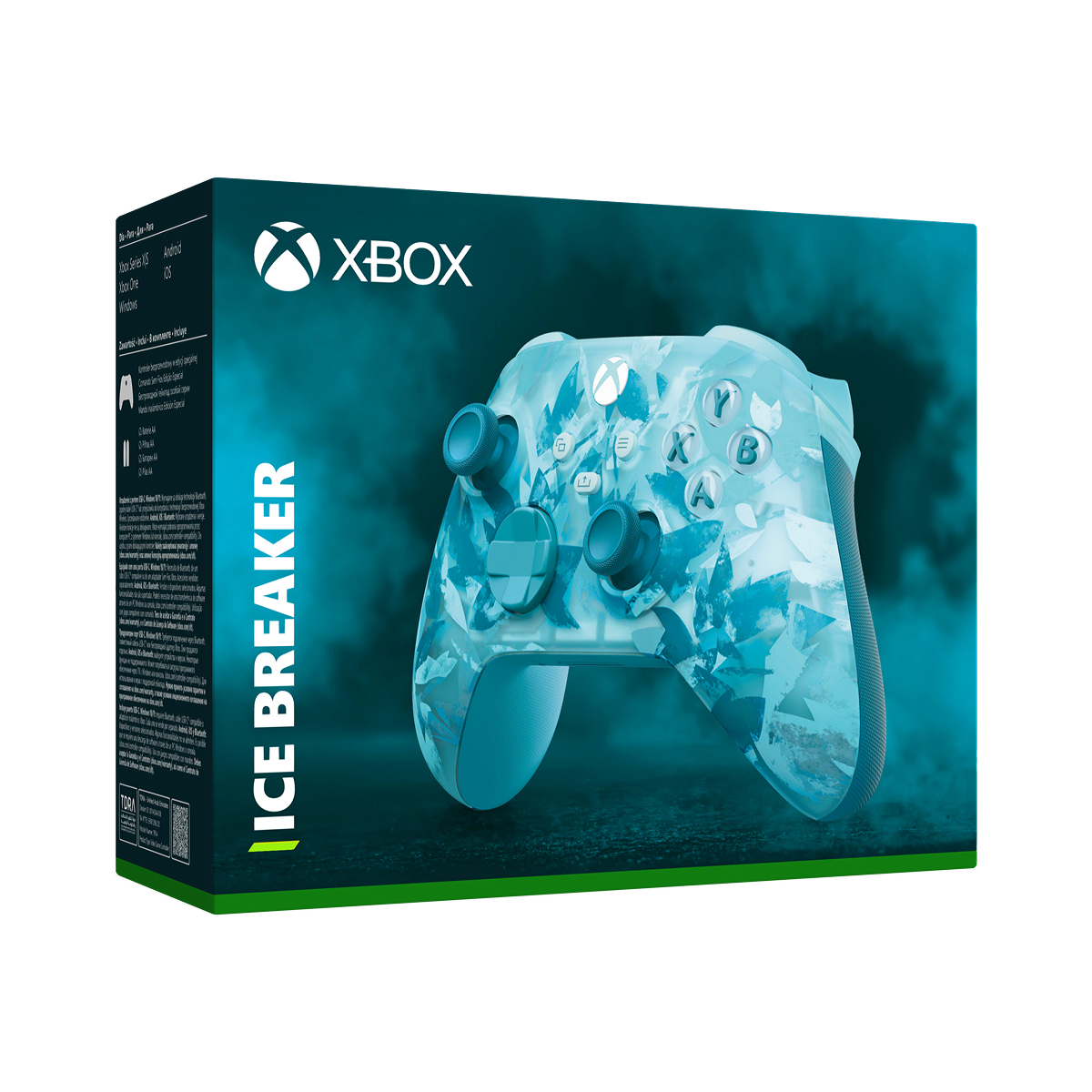 Un mando Xbox Ice Breaker en una caja. El mando es azul claro con un diseño de cristal. La caja tiene el logotipo de Xbox.
