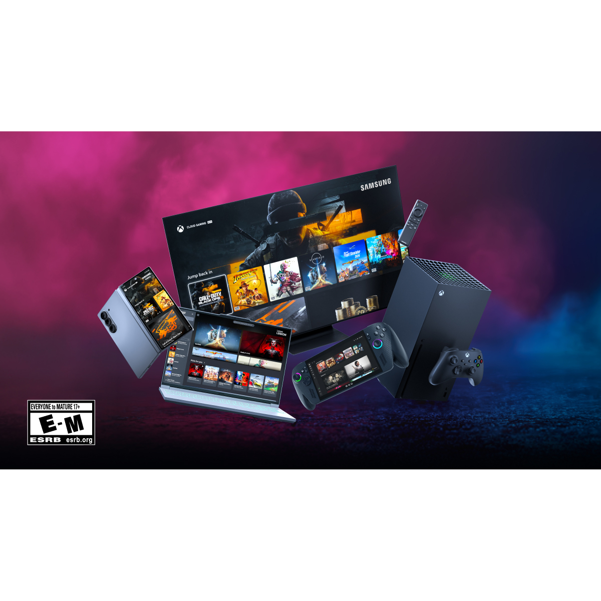 Imagen promocional con varios dispositivos de juego: TV, teléfono, portátil y consolas, sobre un fondo degradado púrpura y azul.