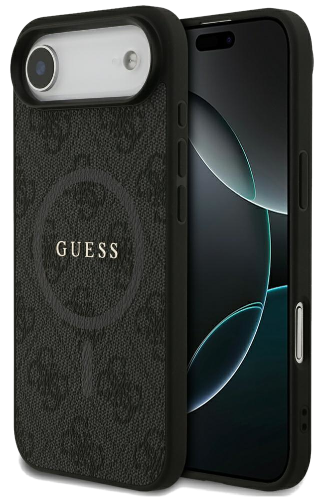 Czarne etui na telefon z logo Guess, częściowo zakrywające telefon. Etui ma teksturowaną powierzchnię i okrągły wzór.