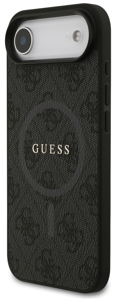 Czarny pokrowiec na telefon Guess. Ma teksturowaną powierzchnię z logo Guess. Widoczny obszar aparatu. Etui znajduje się na białym tle.