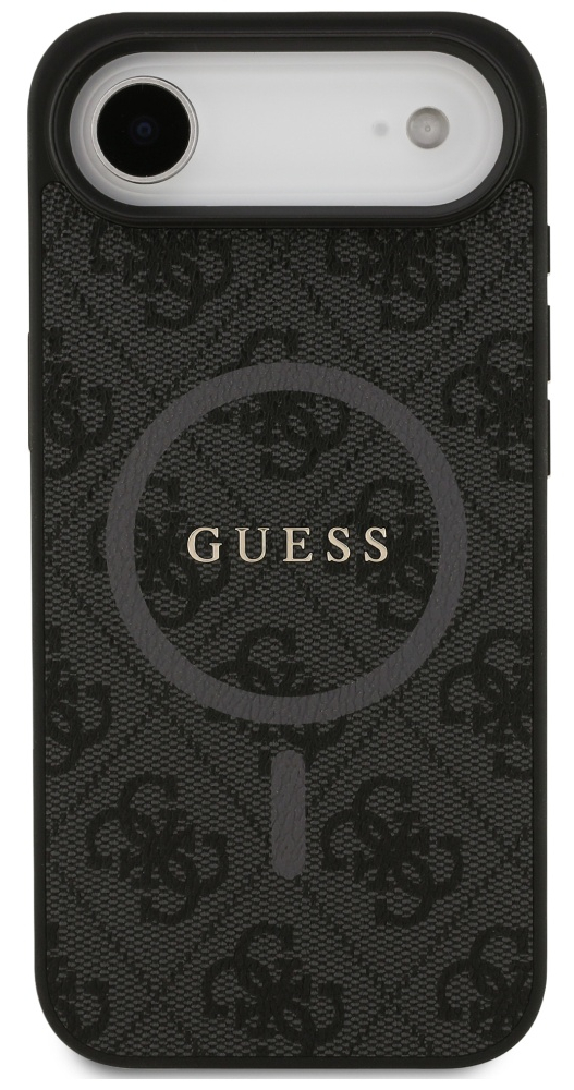 Czarny futerał na telefon Guess. Etui ma wzór logo i okrągły wzór z nazwą marki 'GUESS' pośrodku.