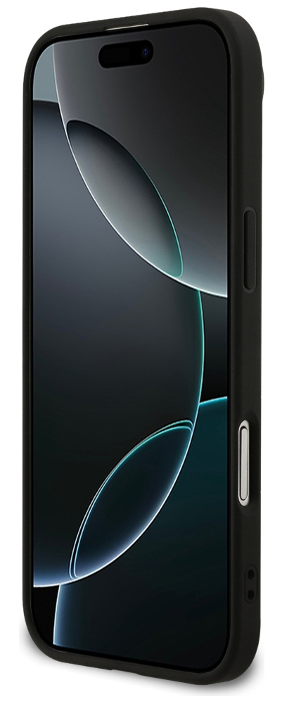 Czarny iPhone z czarnym etui. Ekran wyświetla ciemny, abstrakcyjny wzór z zakrzywionymi liniami. Telefon jest pod kątem.