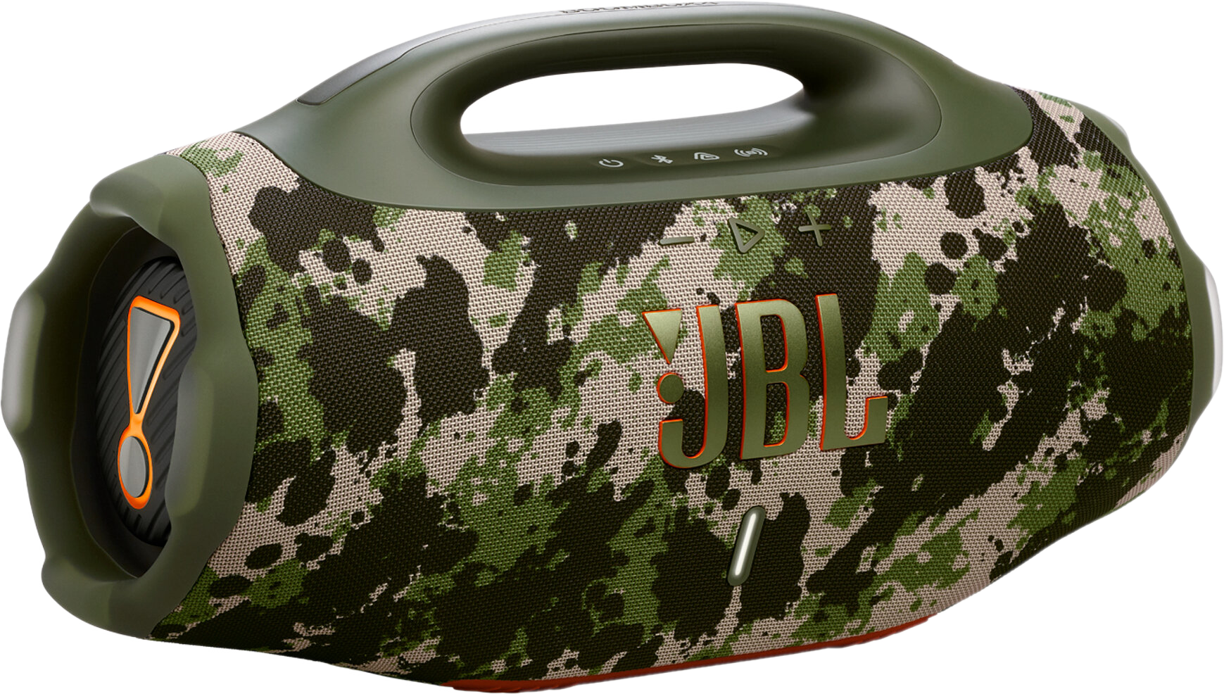 Maskowany głośnik JBL z uchwytem. Głośnik ma pomarańczowe akcenty i logo JBL.