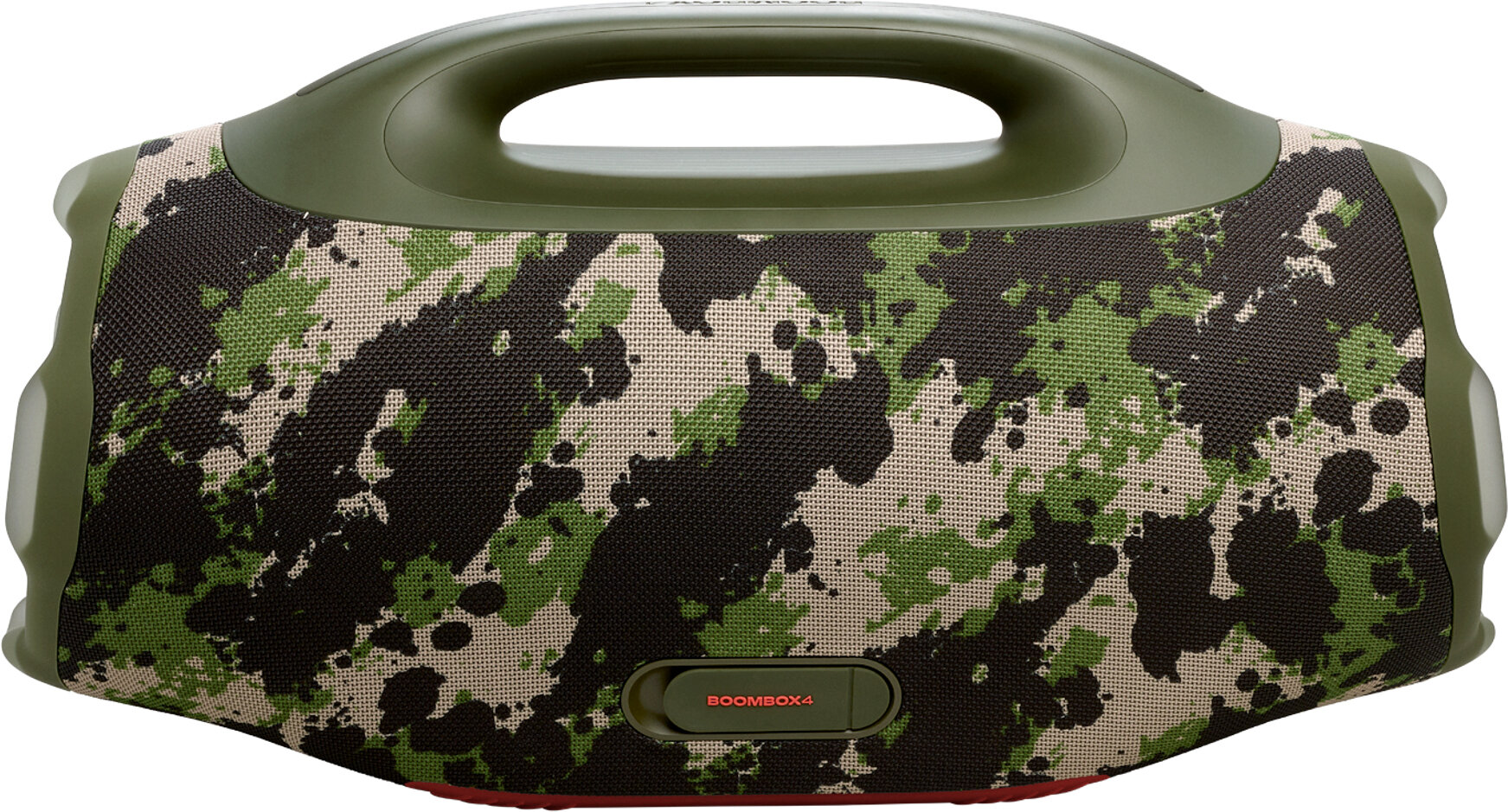 Głośnik JBL Boombox 4 z kamuflażem. Posiada zielony uchwyt i czerwony akcent na dole.