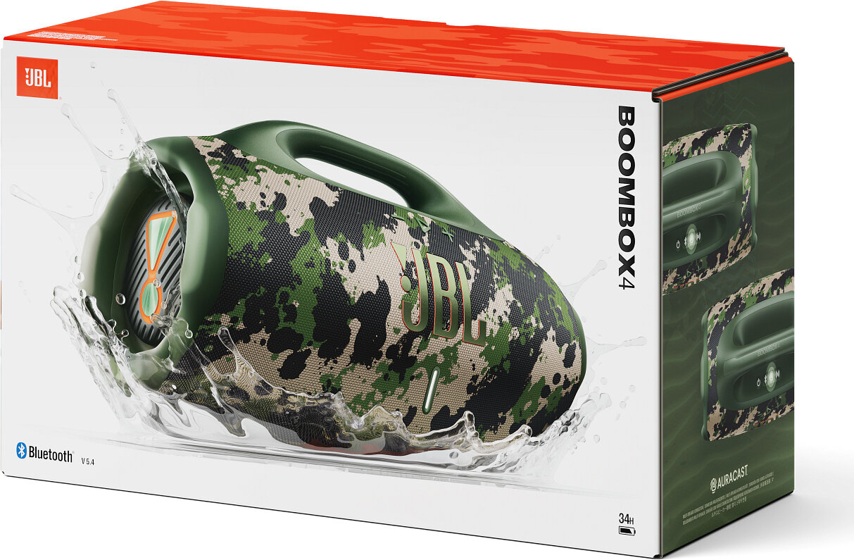 Głośnik JBL Boombox 4 w opakowaniu. Zielony kamuflaż z efektem plusk wody. Pomarańczowe akcenty.