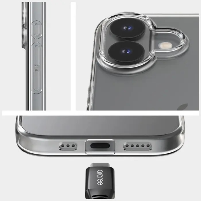 Zbliżenie telefonu w przezroczystym etui. Pokazuje boczne przyciski, obiektywy aparatu, port ładowania i kabel.