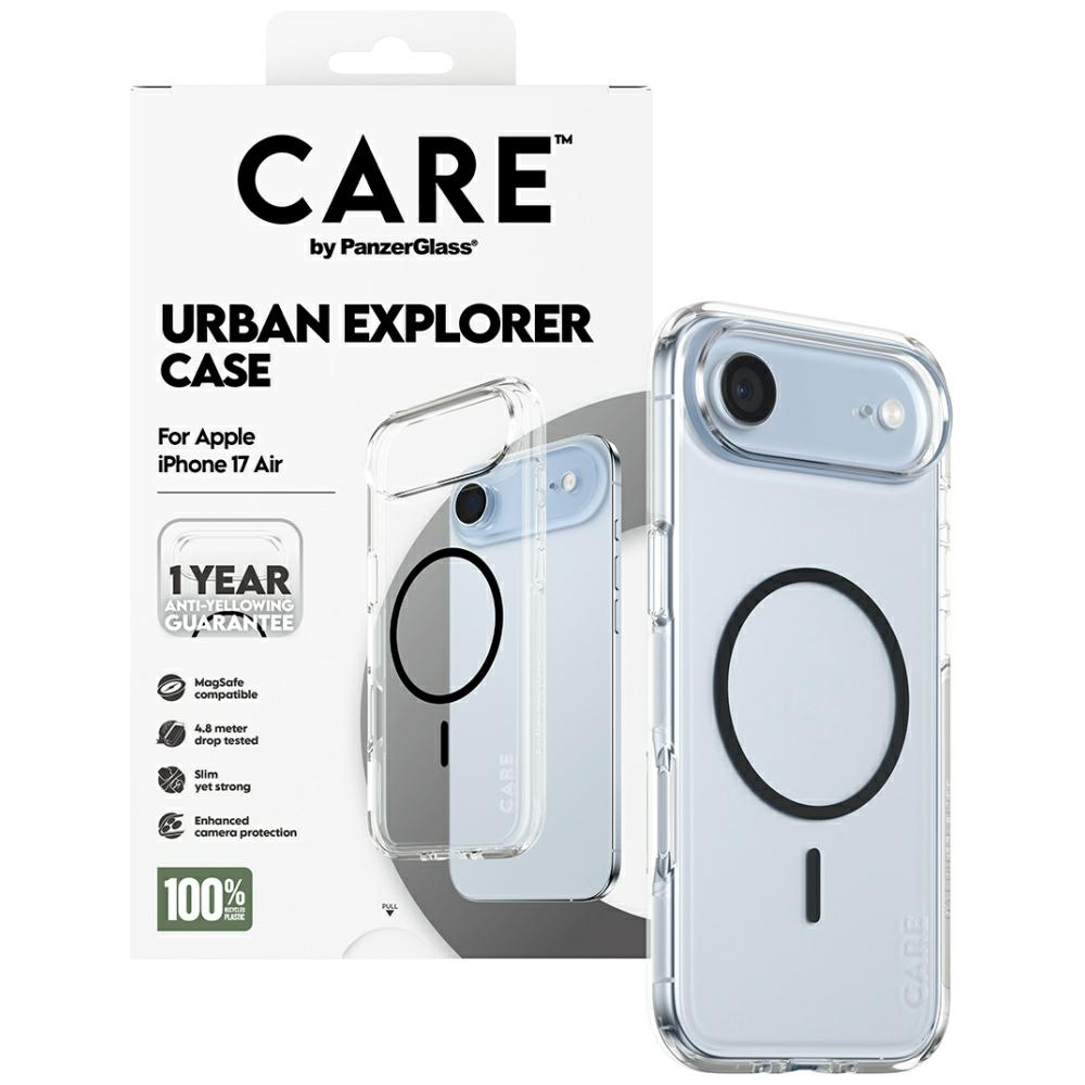 Przezroczyste etui na telefon iPhone 17 Air, z czarnym okręgiem i znakiem minus. Opakowanie przedstawia markę 'CARE' firmy PanzerGlass.