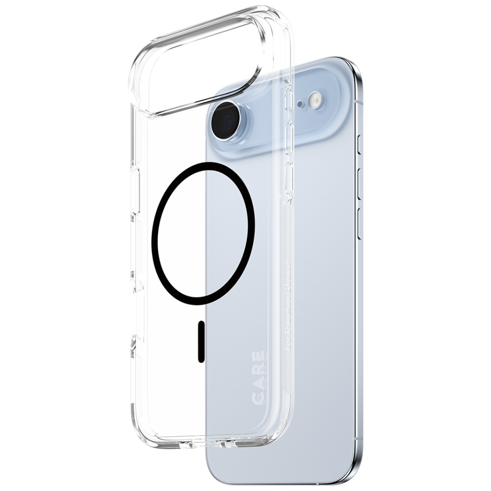 Przezroczyste etui na telefon z czarnym okrągłym magnesem, zakrywające jasnoniebieski telefon. Etui jest częściowo otwarte.