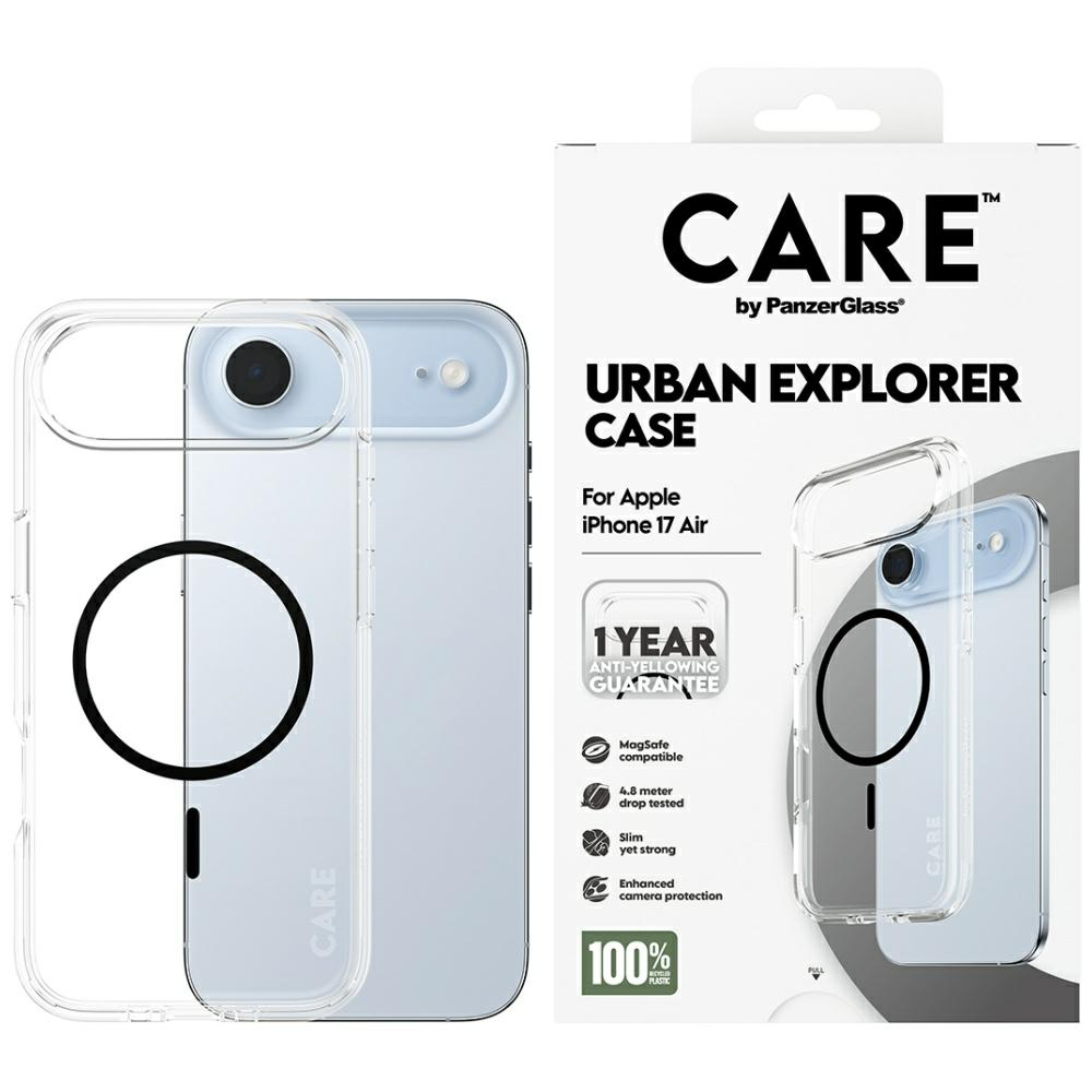 Przezroczyste etui na telefon z czarnym pierścieniem, do iPhone'a 17 Air, obok białego pudełka z napisem 'CARE URBAN EXPLORER CASE'.