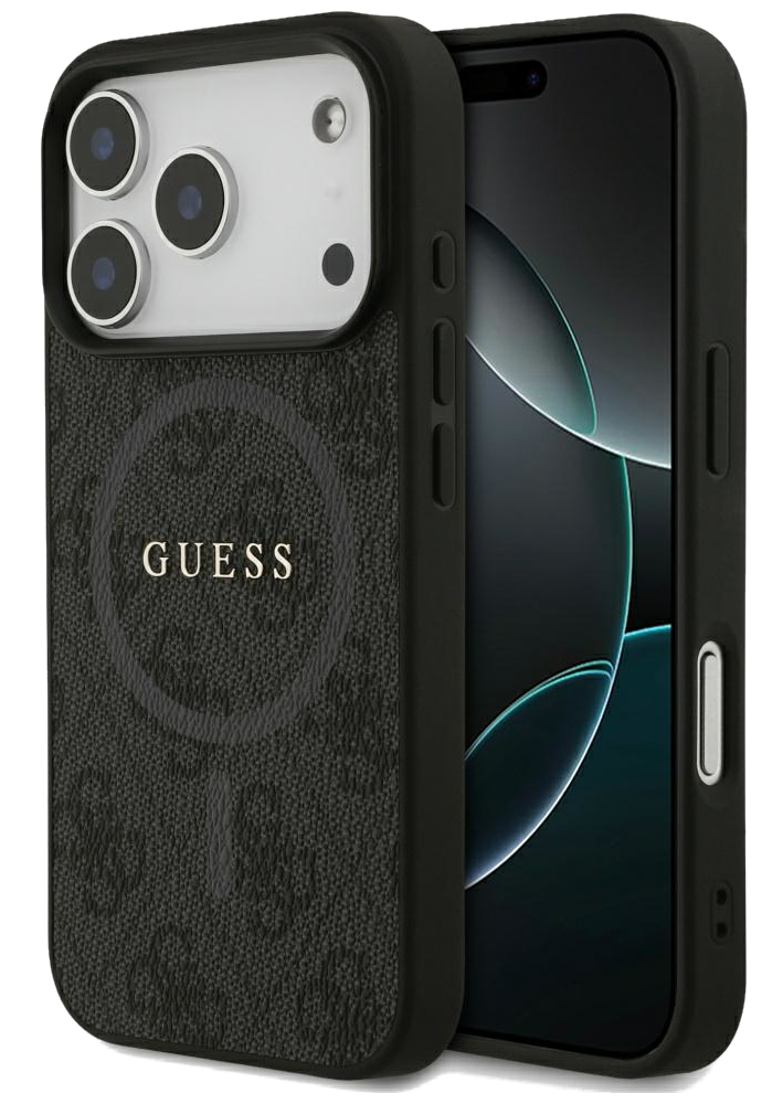 iPhone w czarnym etui Guess. Etui ma teksturowaną powierzchnię i logo marki. Ekran telefonu jest widoczny.