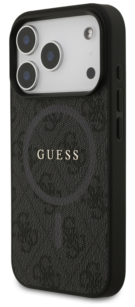 Czarne etui na telefon z logo 'GUESS'. Ma teksturowane plecy, przezroczysty górny panel i czarną ramkę.