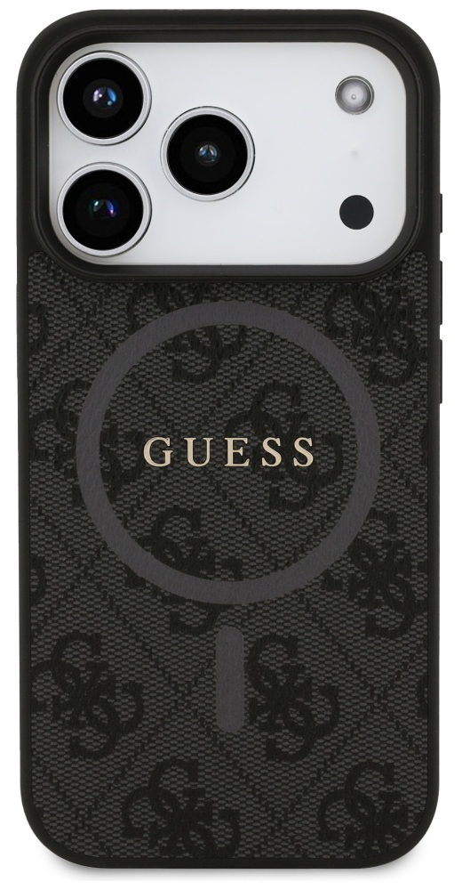 Czarno-szare etui na telefon Guess. Etui ma wzorzysty deseń i wycięcie na aparat z trzema obiektywami.