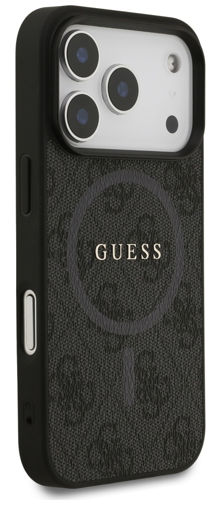 Czarny futerał na telefon Guess. Obszar aparatu jest biały z trzema soczewkami. Etui ma teksturowaną powierzchnię i logo Guess.