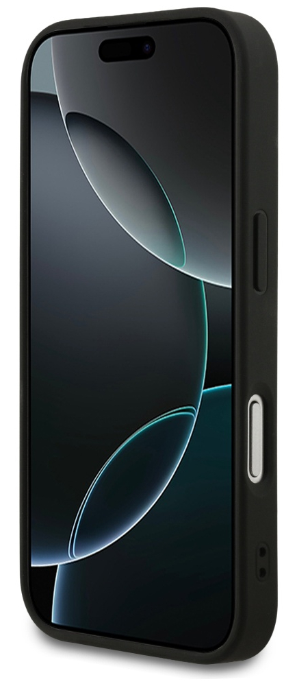 Czarny smartfon w etui, lekko pochylony. Ekran wyświetla wzór światło-ciemność.