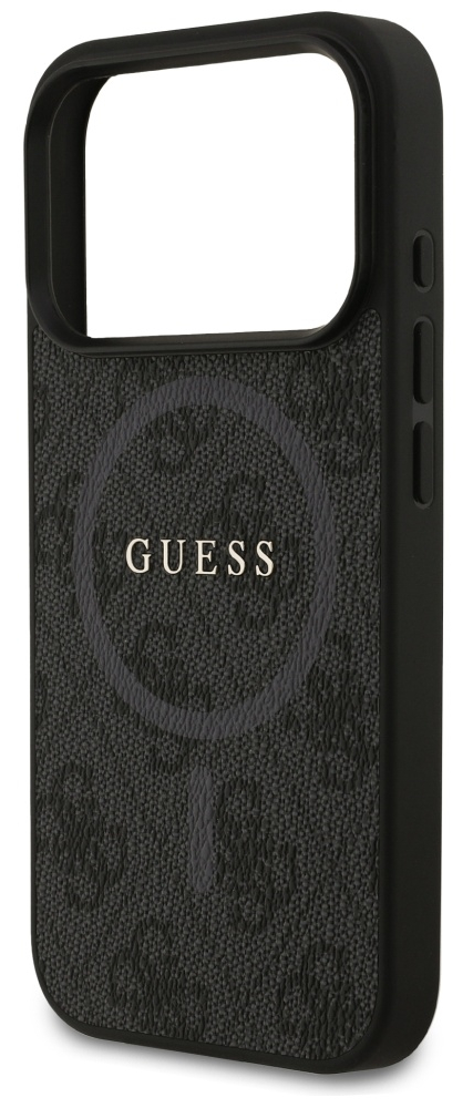 Czarny pokrowiec na telefon z logo Guess. Teksturowana powierzchnia i przezroczysty obszar na aparat. Widoczne boczne przyciski.