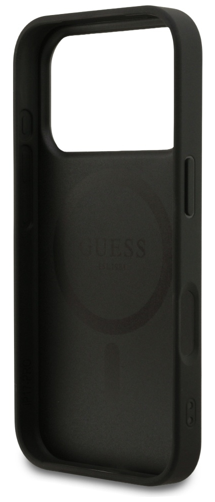 Czarny futerał na telefon. Etui ma prostokątne wycięcie na aparat. Widoczna jest marka 'GUESS'.