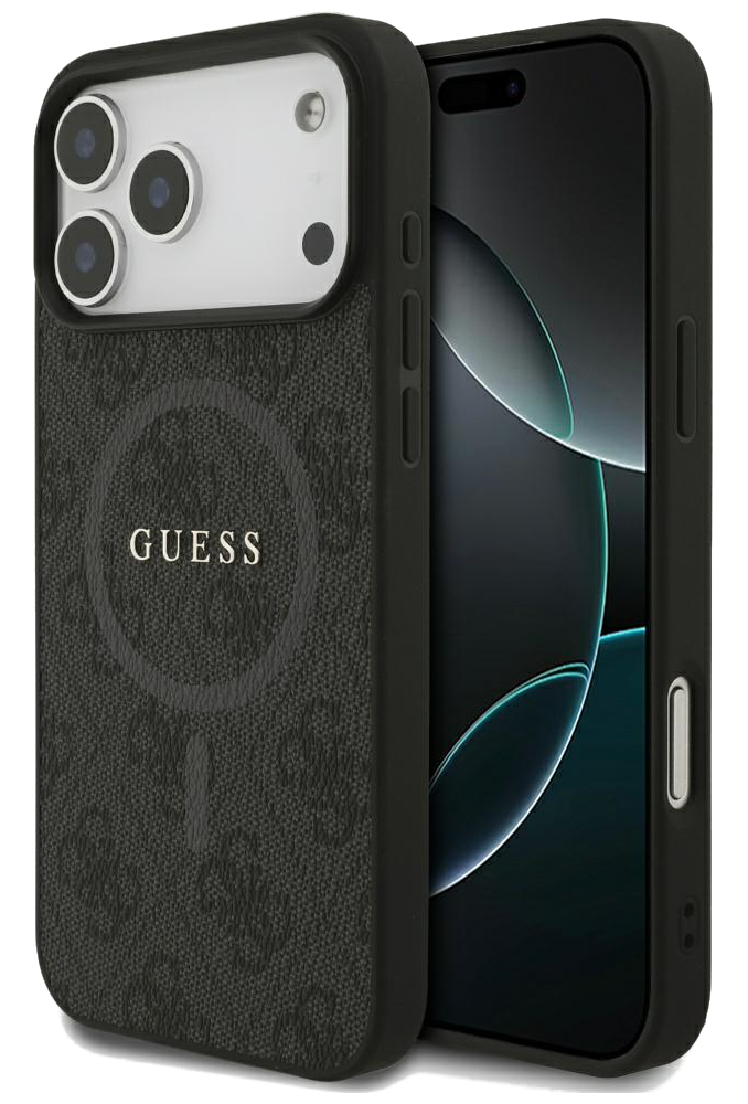 Czarne etui na telefon z wzorem, logo GUESS i telefonem. Ekran telefonu jest ciemny, z czarną obwódką.