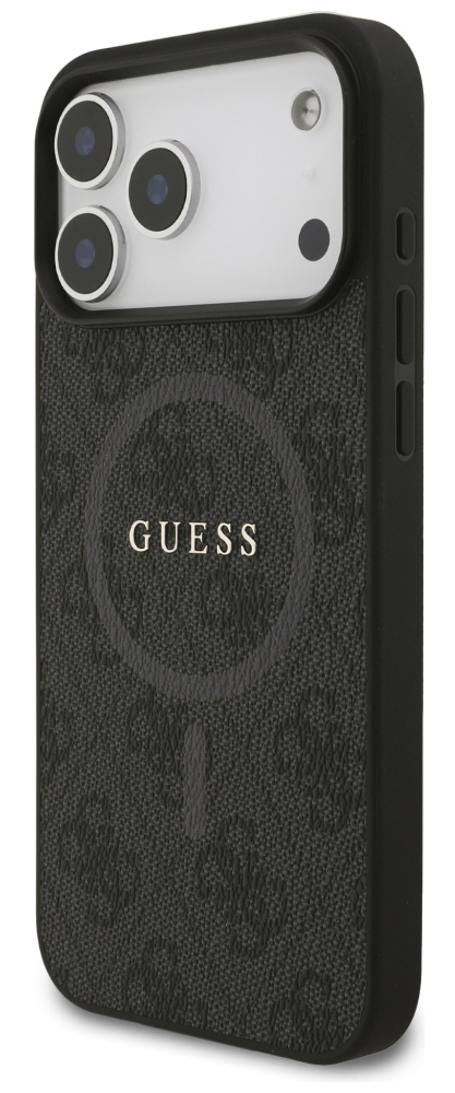 Czarny pokrowiec na iPhone'a z teksturowaną powierzchnią, logo 'GUESS' i okrągłym wzorem.
