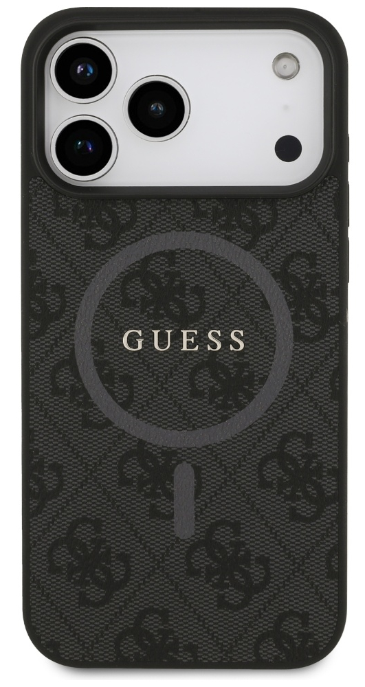 Czarny pokrowiec na telefon z logo Guess. Etui ma wzór i wycięcie na aparat. Tło jest białe.