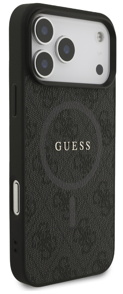 Czarne etui na telefon z logo Guess i widocznymi obiektywami aparatu. Tekstura jest kropkowana. Białe tło.