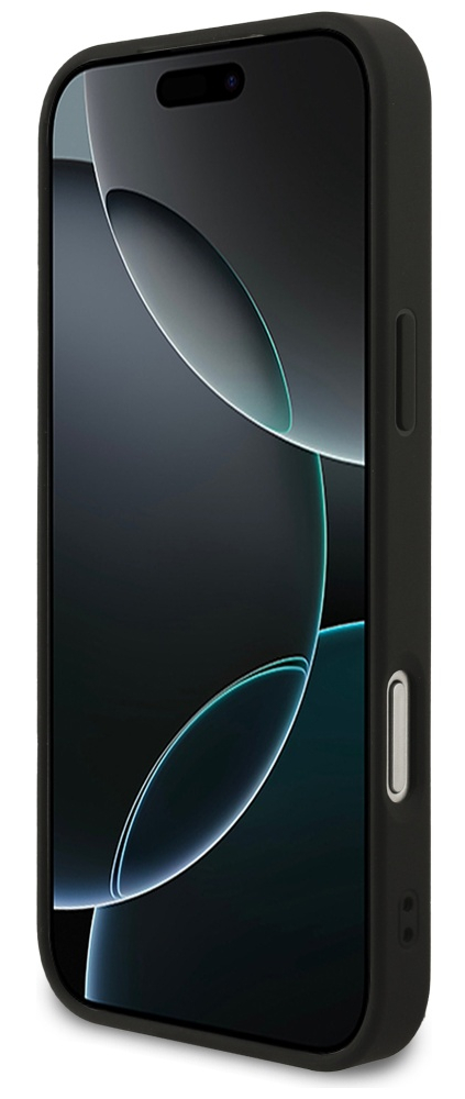 Czarny smartfon w czarnym etui. Ekran wyświetla ciemną, abstrakcyjną tapetę z zakrzywionymi liniami. Telefon jest pod kątem.