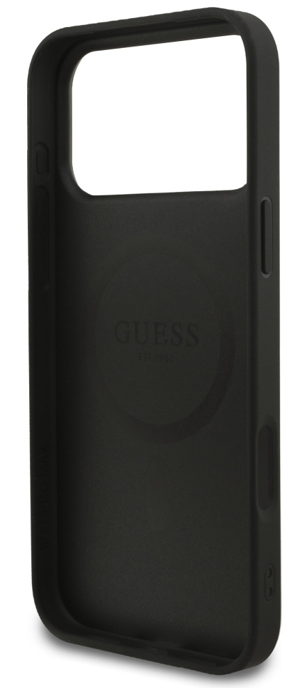 Czarny pokrowiec na telefon z logo Guess. Ma prostokątny otwór na aparat i przyciski po bokach.