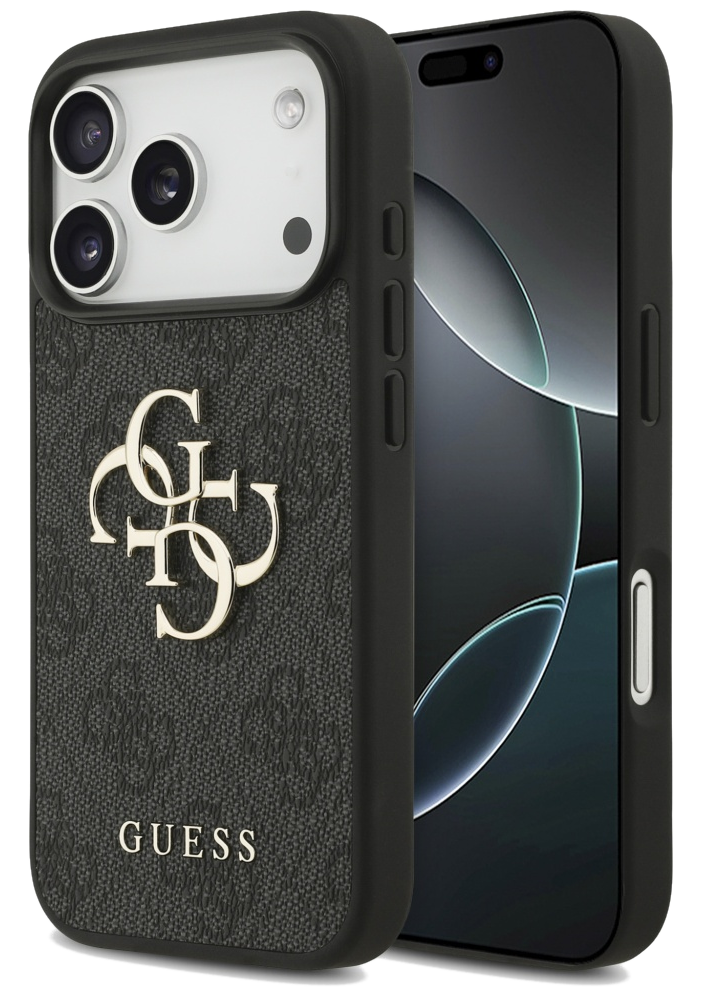 Czarna obudowa telefonu z logo Guess i telefonem. Obudowa ma wzór o fakturze. Telefon ma ekran.