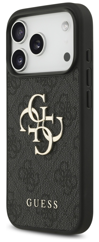 Zbliżenie czarnego etui na telefon Guess. Ma logo Guess i wzór. Widoczny aparat telefonu.