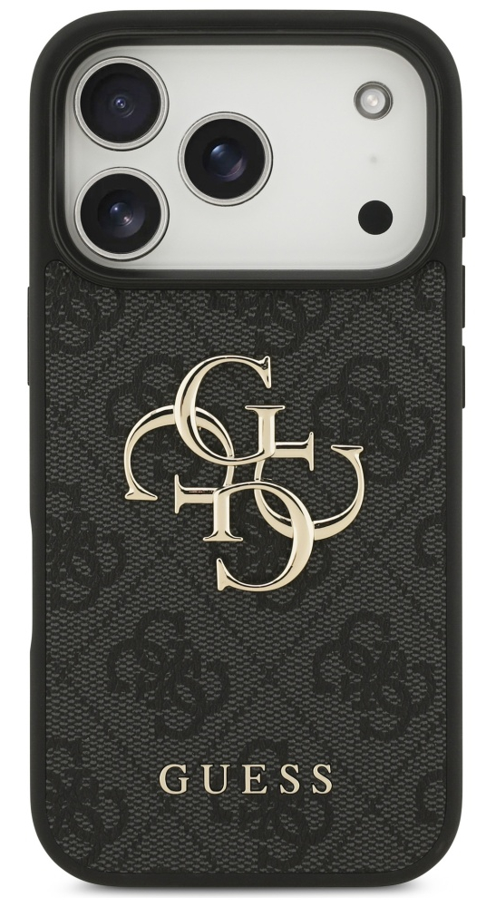 Czarna obudowa telefonu z logo Guess. Posiada trzy obiektywy aparatu i lampę błyskową. Obudowa jest wzorzysta z powtarzającym się logo.