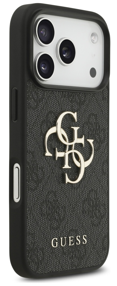 Czarny pokrowiec na telefon z logo Guess. Ma teksturowaną powierzchnię i wycięcie na aparat. Widoczne jest słowo GUESS.