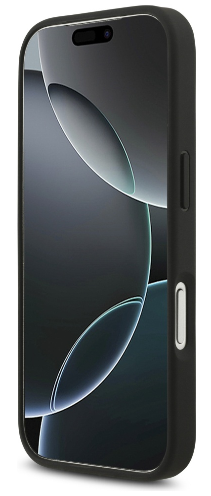 Czarny telefon w etui, z ekranem pokazującym abstrakcyjne szare i białe kształty. Etui ma przyciski.