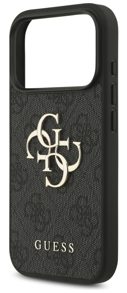 Czarny futerał na telefon Guess. Ma wzorzysty wzór, złote logo i napis GUESS. Obudowa ma czarną obwódkę.