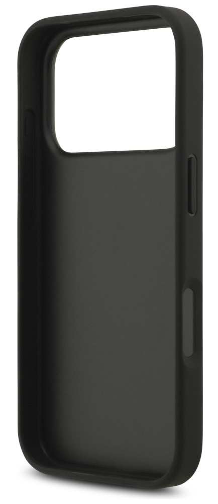 Czarny futerał na telefon z otworami na aparat i przyciski, przeznaczony do trzymania telefonu.