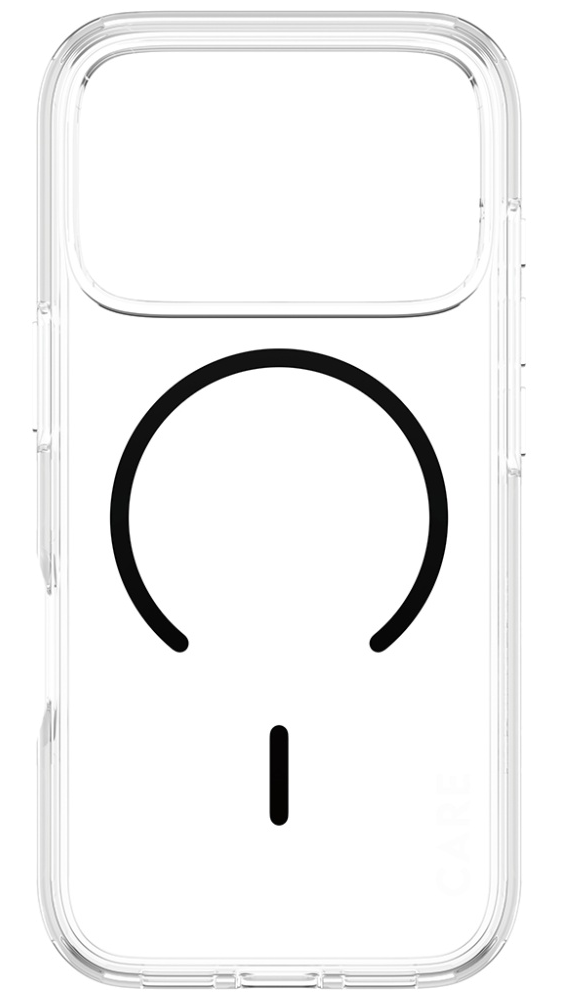 Przezroczyste etui na telefon z czarnym okręgiem i linią na białym tle. Etui ma wycięcie na aparat.