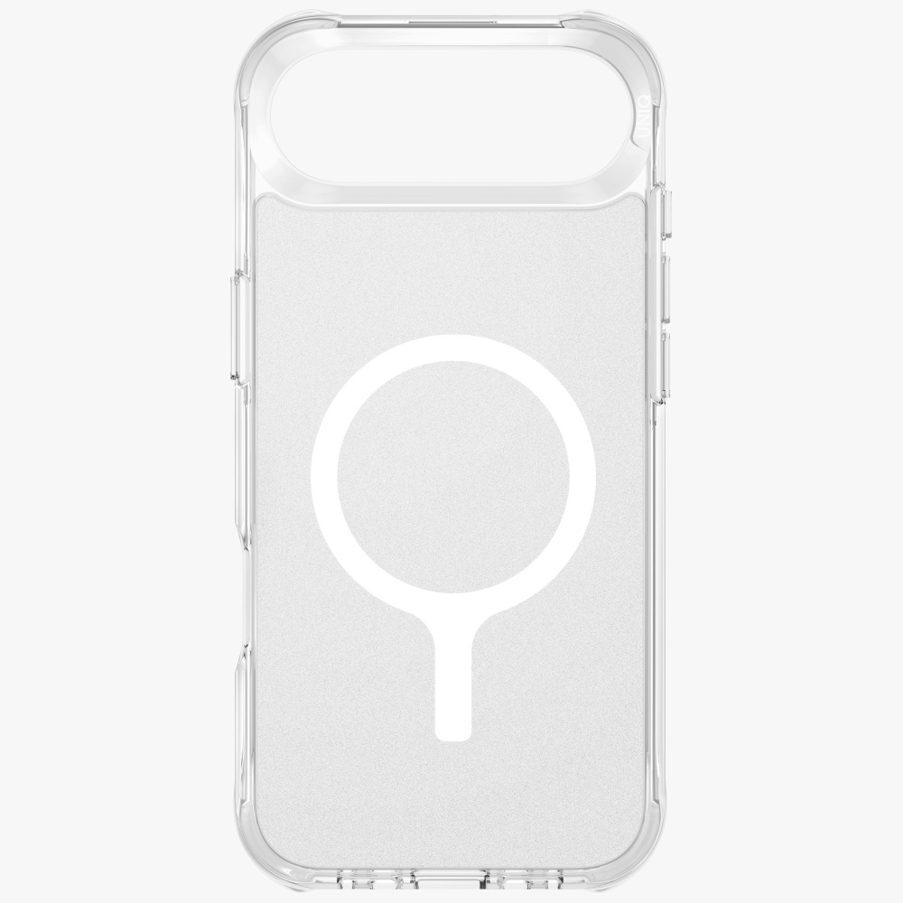 Przezroczyste etui na telefon z okrągłym wycięciem na aparat. Etui ma biały pierścień i przezroczysty korpus.