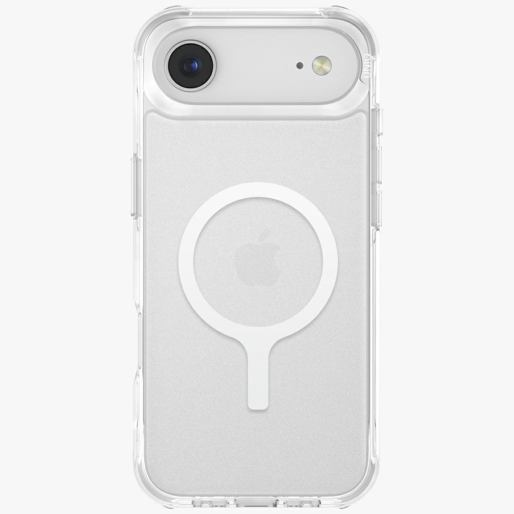Przezroczyste etui na telefon z białym, okrągłym ładowarką MagSafe. Etui ma wycięcie na aparat i lampę błyskową.