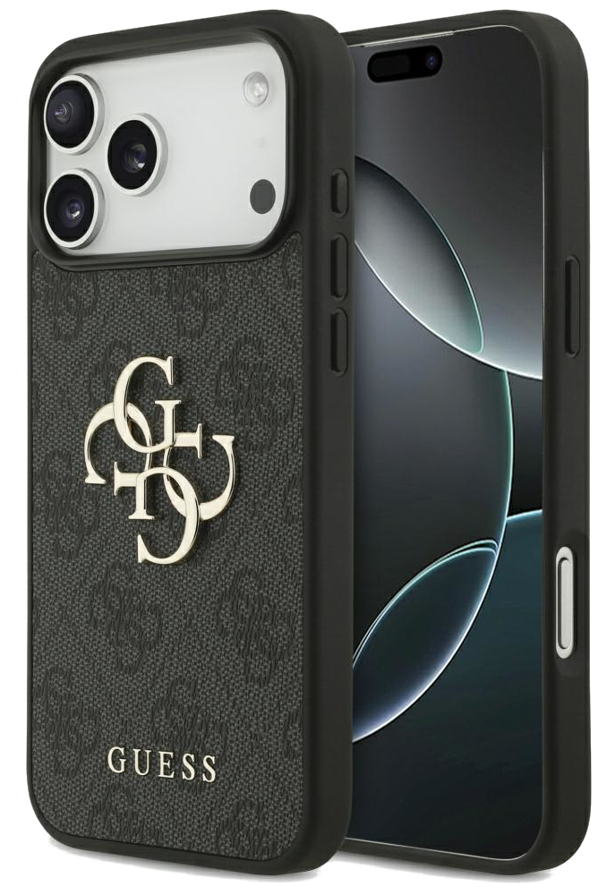 Wyświetlany jest telefon w czarnym etui z logo Guess. Etui ma wzorzystą teksturę. Ekran telefonu jest widoczny.