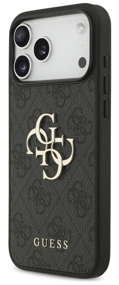 Czarny futerał na telefon z logo Guess i wzorzystą teksturą. Etui ma błyszczące logo Guess. Widoczne soczewki aparatu.