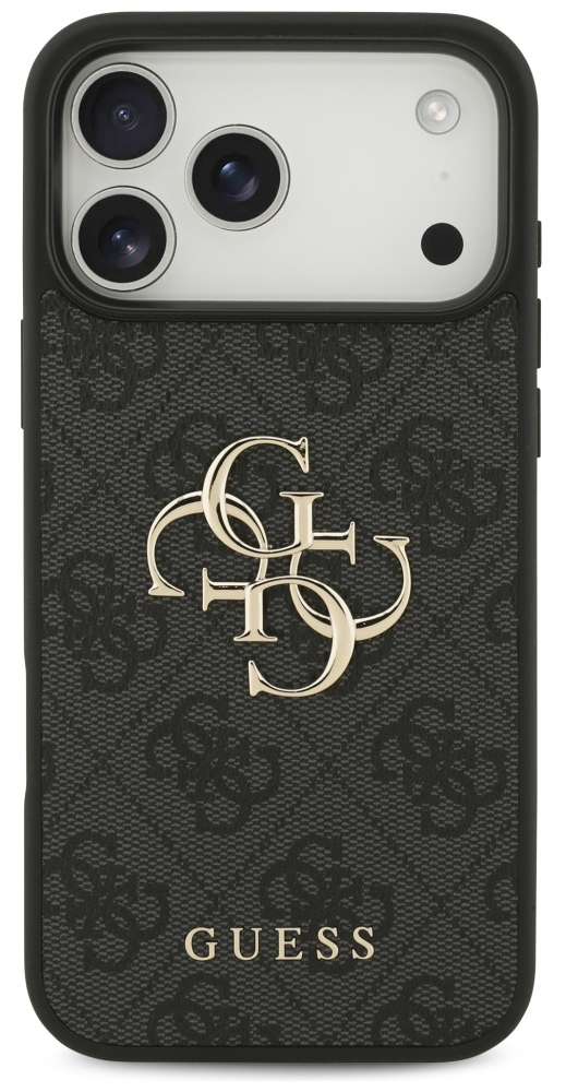 Etui na telefon Guess. Czarne z powtarzającym się wzorem. Posiada złote logo Guess. Na górze trzy obiektywy.