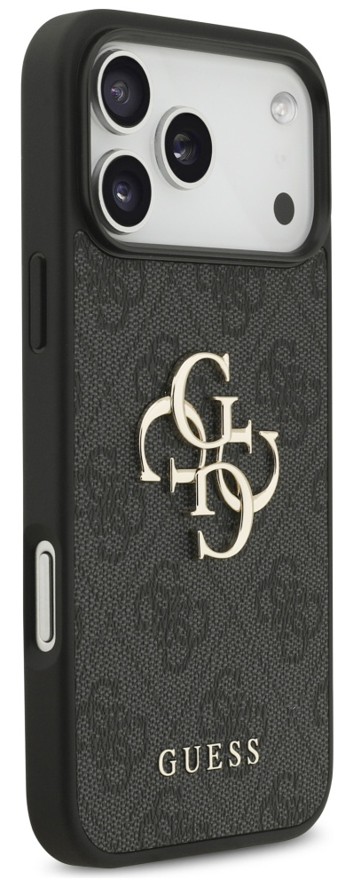 Czarny pokrowiec na telefon Guess. Ma wzór, logo Guess i srebrny obiektyw aparatu.