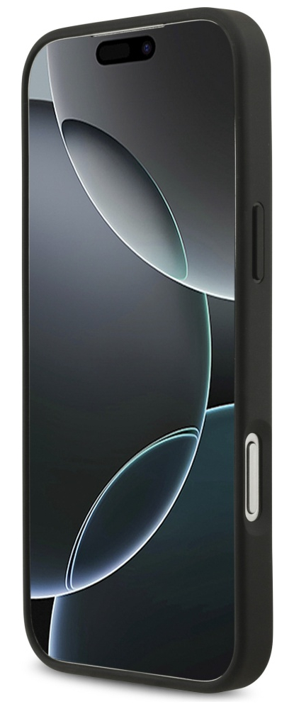 Czarna obudowa telefonu z ekranem wyświetlającym abstrakcyjną grafikę. Obudowa ma boczne przyciski.