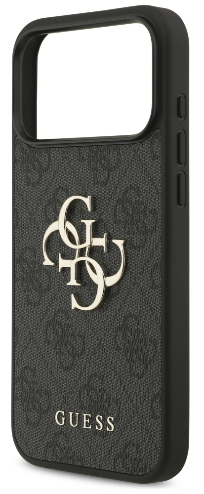 Czarny futerał na telefon Guess ze złotym logo marki. Etui ma wzorzystą teksturę i napis GUESS na dole.