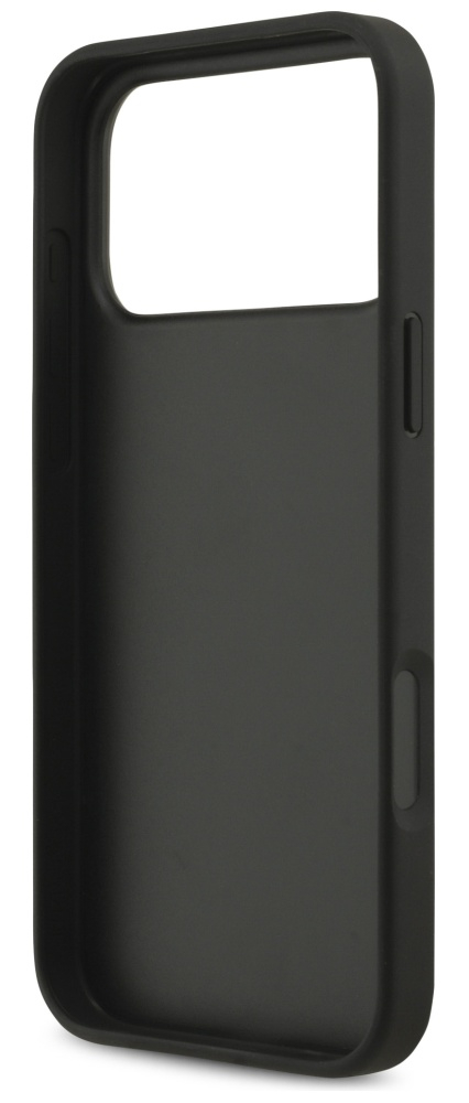 Czarny futerał na telefon, otwarty z jednej strony. Ma prostokątny otwór na aparat i wycięcia na guziki.