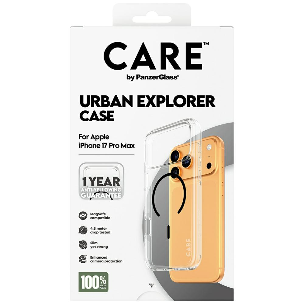 Pudełko z etui na telefon z iPhonem w środku. Tekst brzmi 'CARE' i 'URBAN EXPLORER CASE' oraz funkcje takie jak MagSafe i roczna gwarancja.