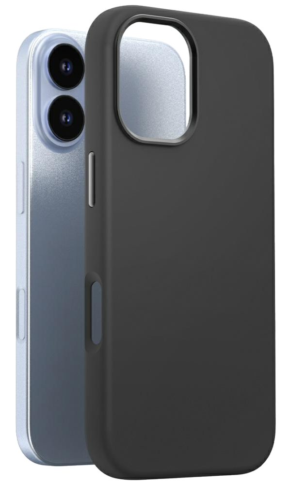 iPhone z jasnoniebieskim tyłem obok czarnego etui. Telefon ma dwa obiektywy aparatu.