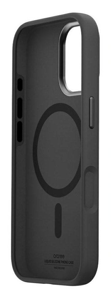 Pokazano czarne silikonowe etui na telefon. Posiada wycięcia na aparat i przyciski. Z tyłu ma magnetyczne koło.