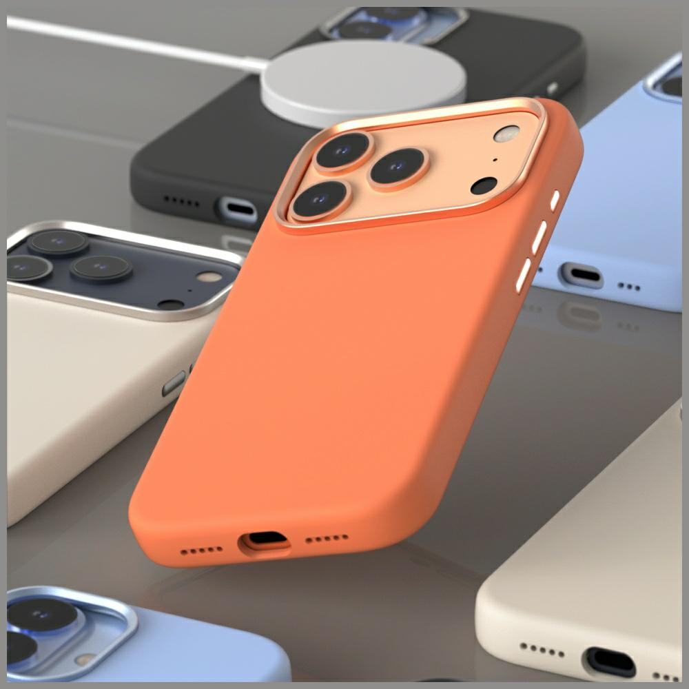 Pomarańczowe etui na telefon w centrum, otoczone innymi etui w różnych kolorach, takich jak czarny, biały i niebieski. Ładowarka bezprzewodowa w tle.