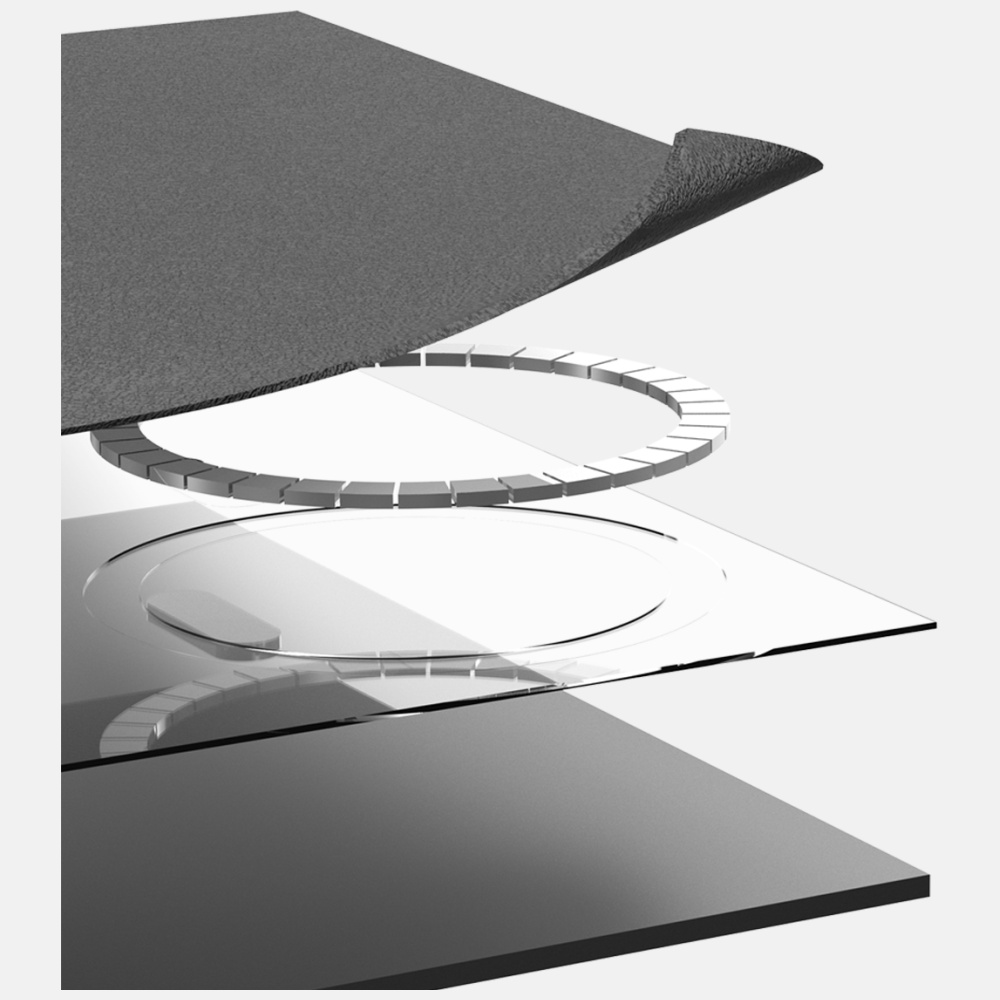 Abstrakcyjne zdjęcie w skali szarości z warstwowymi kształtami, w tym ciemnoszarym arkuszem, segmentowym pierścieniem i przezroczystym kołem.