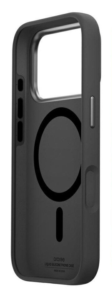 Czarny futerał na telefon z wycięciem na aparat. Ma okrągły wzór z tyłu. Nazwa marki znajduje się na dole.