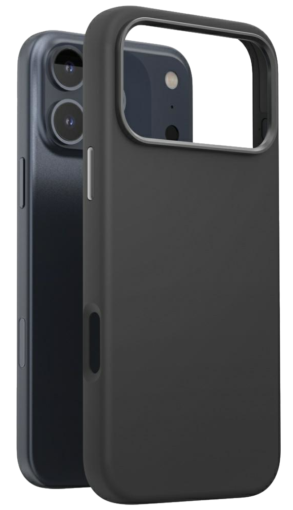 Czarna obudowa telefonu obok ciemnoniebieskiego telefonu, pokazująca aparat i przyciski. Obudowa ma wycięcie na aparat.